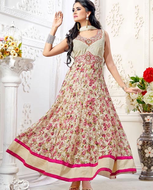 Kmozi Off White Colored Designer And Flowed Printed Anarkali Suits