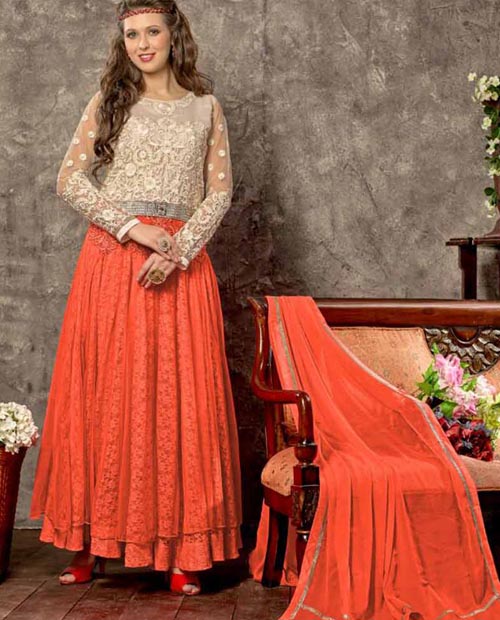 Kmozi Russell Net Fabric Orange Anarkali Suits