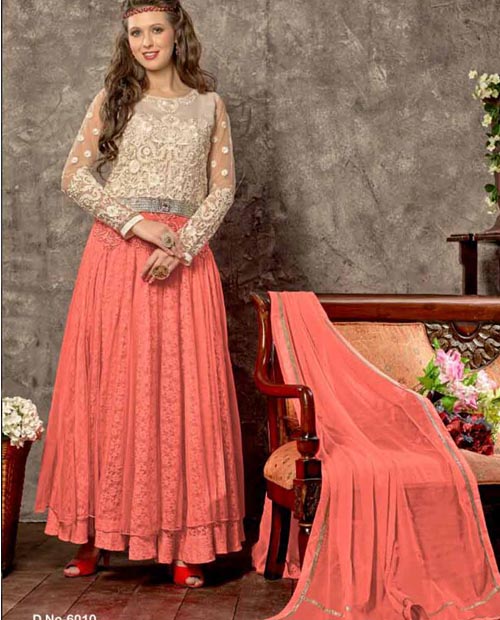 Kmozi Peach Designer Long Anarkali Suits