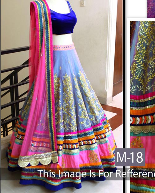 KMOZI Pink And Dark Blue Net Embroidered Bridal Lehenga Choli