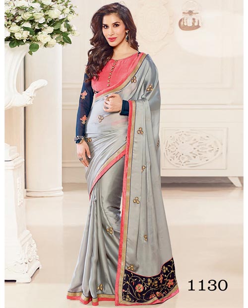 KMOZI Gray Satin Georgette  Saree