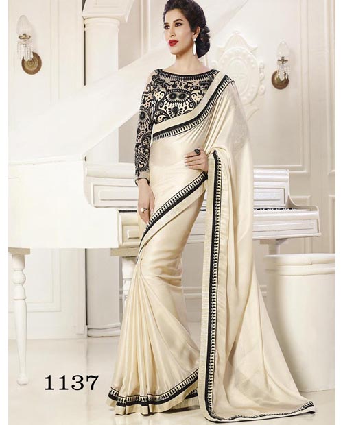 KMOZI Fancy Light Cream Georgette saree