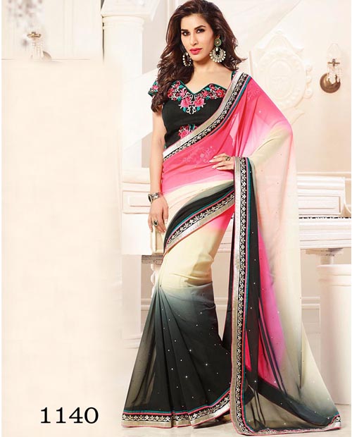 KMOZI Pink And Black Georgette Saree