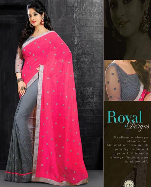 KMOZI Pink And Gray Designer Embroidered Sarees