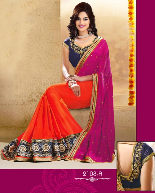 KMOZI Pink&Orange Designee Saree 