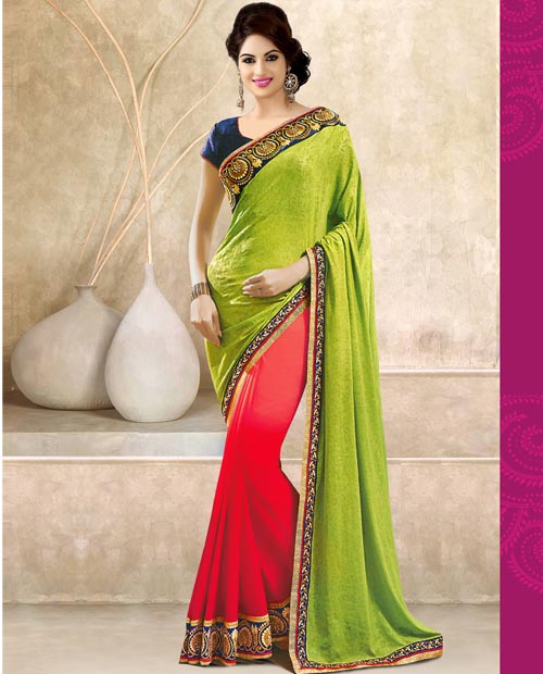 KMOZI Green&Red Latest Fashion Saree Online