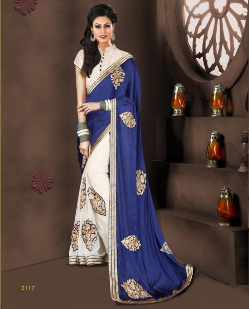 KMOZI Blue And White Designer Saree