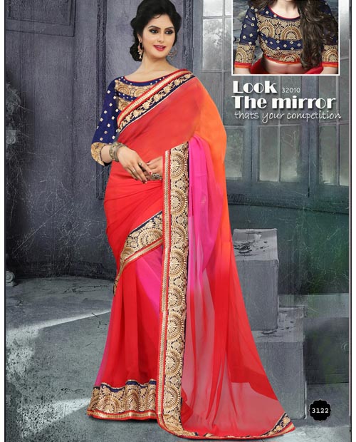 KMOZI Red Latest Fashion Chiffon Georgette Saree