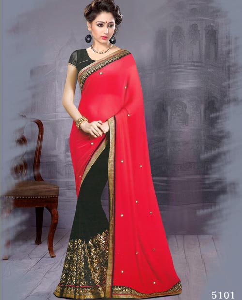 KMOZI New Fancy Designer Red&Black Saree