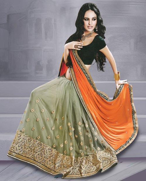 KMOZI Gray&Orange Latest Designer Saree