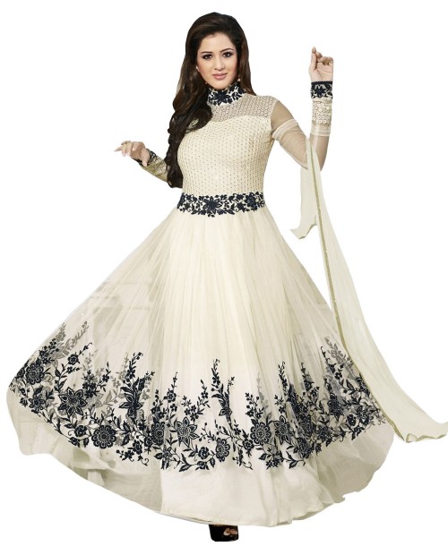 Cream Soft Net Anrakali Suit With Dupatta