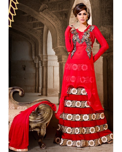 Red Semi Stiched Anarkali Suit