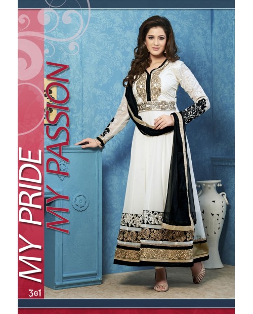 Cream color embroidered semi stitched designer anarkali suit