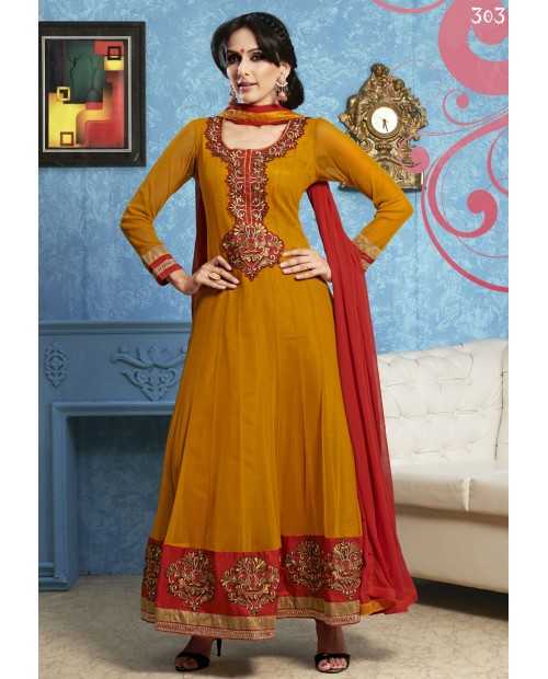 Gold color embroidered designer anarkali suit