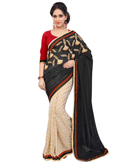 SND Black & Beige Crepe Jacquard & Shimmer Georgette Embroidered Saree-1127