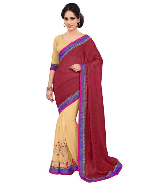 SND Brown Crepe Jacquard & Chiffon Embroidered Saree- 1131