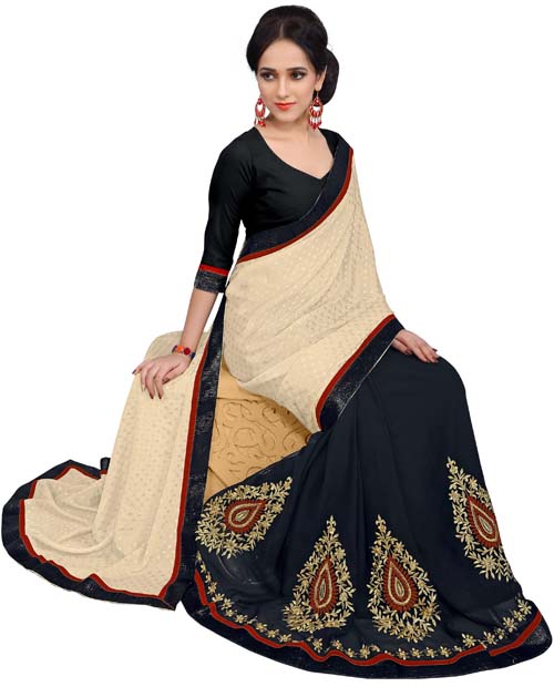 SND Beige & Grey Crepe Jacquard & Chiffon Embroidered Saree-1136