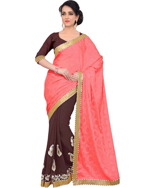 SND Red & Brown Crepe Jacquard & Chiffon Embroidered Saree- 1148