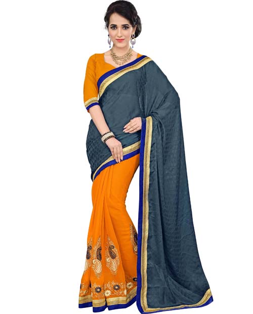 SND Grey & Orange Crepe Jacquard & Chiffon Embroidered Saree- 1156