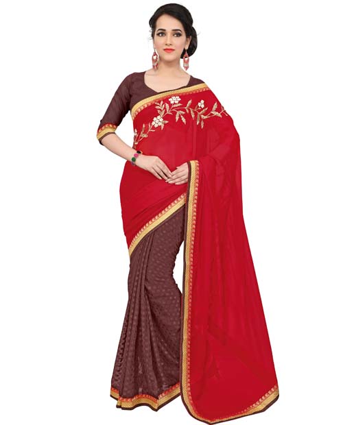 SND Red & Brown Crepe Jacquard & Chiffon Embroidered Saree- 1161