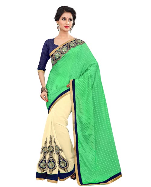 SND Green & Cream Crepe Jacquard & Georgette Embroidered Saree- 1172