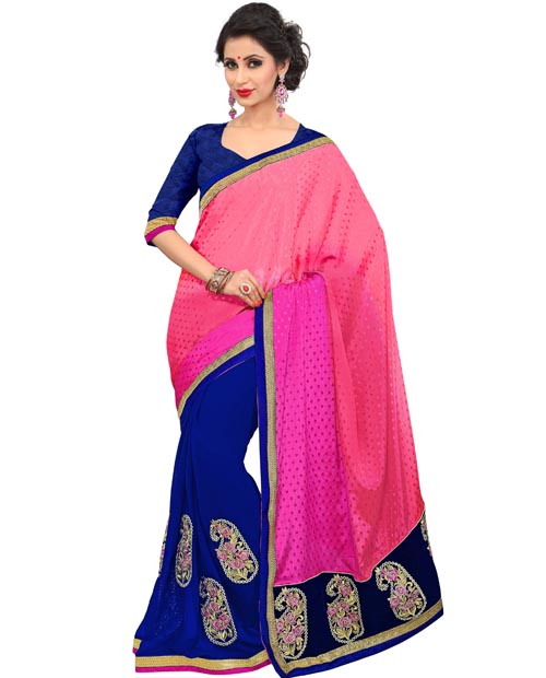 SND Pink & Blue Crepe Jacquard & Georgette Embroidered Saree- 1179