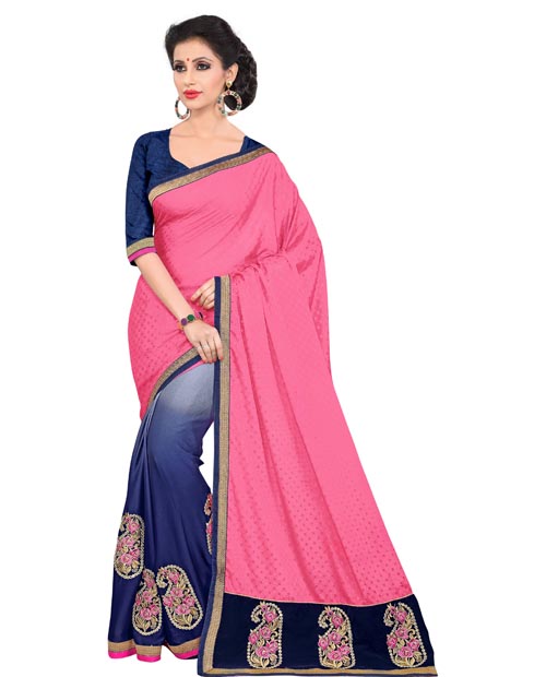 SND Pink & Blue Georgette Embroidered Saree- 1184