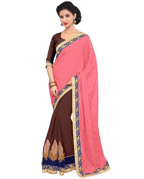 SND Pink & Brown Crepe Jacquard & Georgette Embroidered Saree- 1186