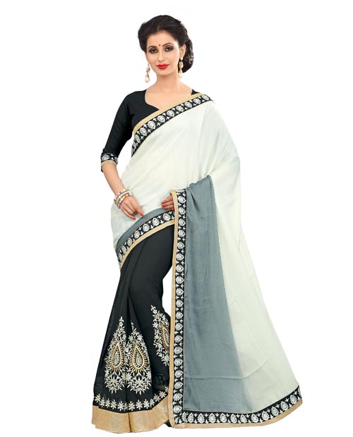 
SND White & Black Crepe & Georgette Embroidered Saree- 1187