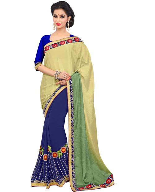 
SND Green & Blue  Crepe Jacquard & Georgette Embroidered Saree- 1190