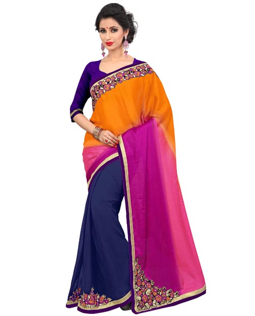 SND Orange & Blue Georgette Embroidered Saree- 1191