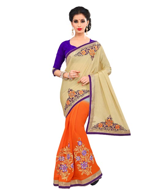 SND Orange Crepe Jacquard & Georgette Embroidered Saree- 1193