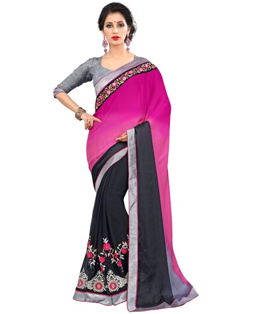 SND Pink & Black Georgette Embroidered Saree- 1194