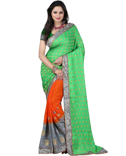 SND Green & Orange Georgette Embroidered Saree- 252