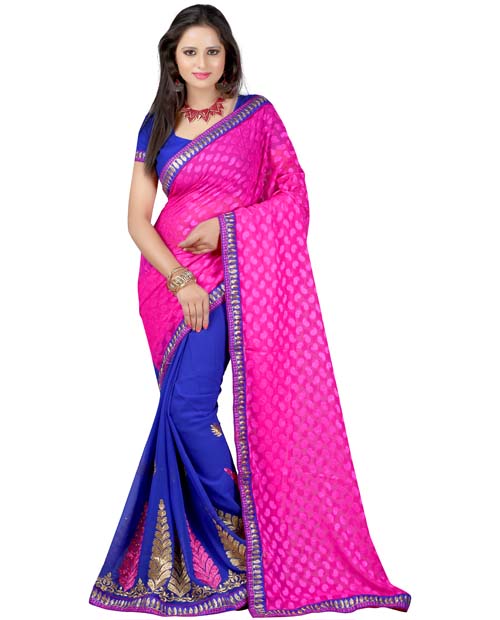 
SND Pink & Blue Georgette Embroidered Saree- 256