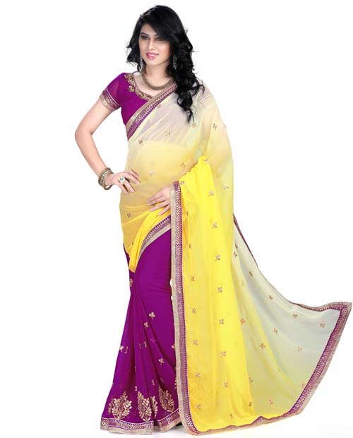 SND Yellow & Purple Georgette Embroidered Saree- 261