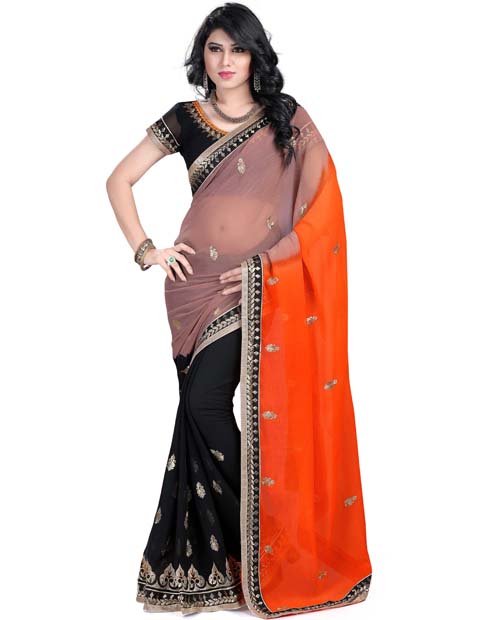 SND Orange & Black Georgette Embroidered Saree- 266