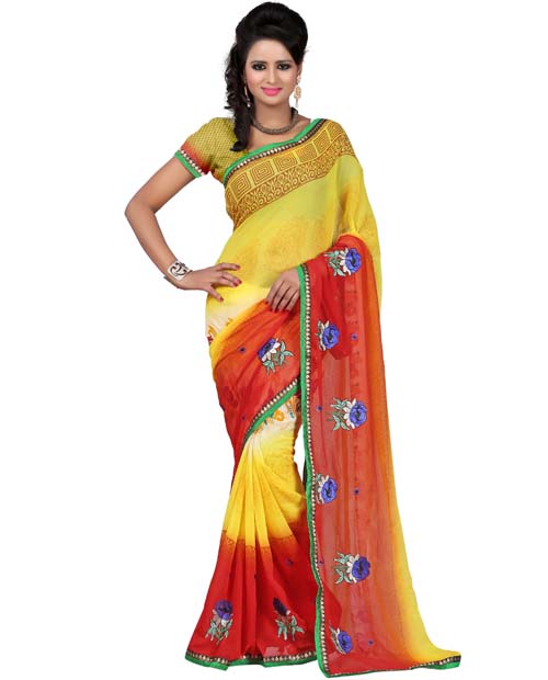 SND Yellow & Red Georgette Printed Saree- J.B.142