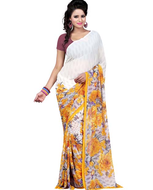 SND White Georgette Printed Saree- J.B.229 