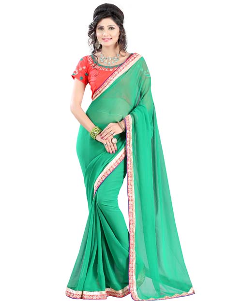 SND Green Chiffon Embroidered Saree- J.B.640