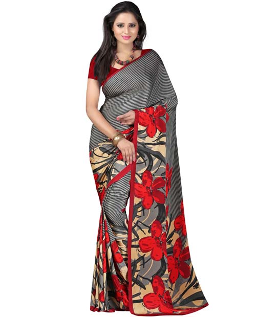 SND Grey & Multi Art Crepe Printed Saree- JB-772