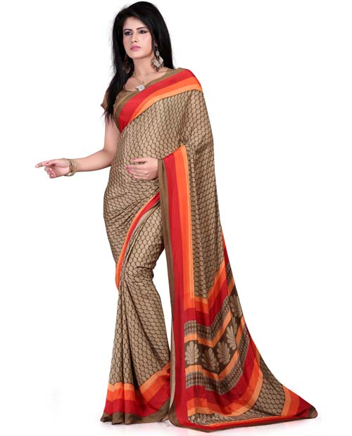 SND Brown Art Crepe Printed Saree- JB-963b