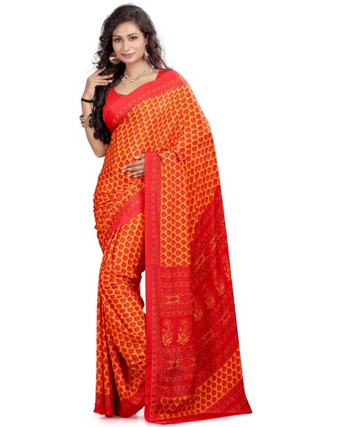 SND Orange & Red Bhagalpuri Silk Printed Saree-JB-965b