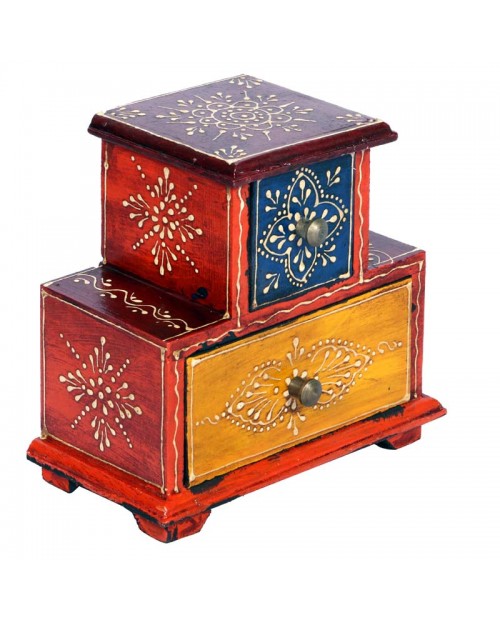 Wooden House Shape Two Drawer Stand With  Embossed Hand Painted