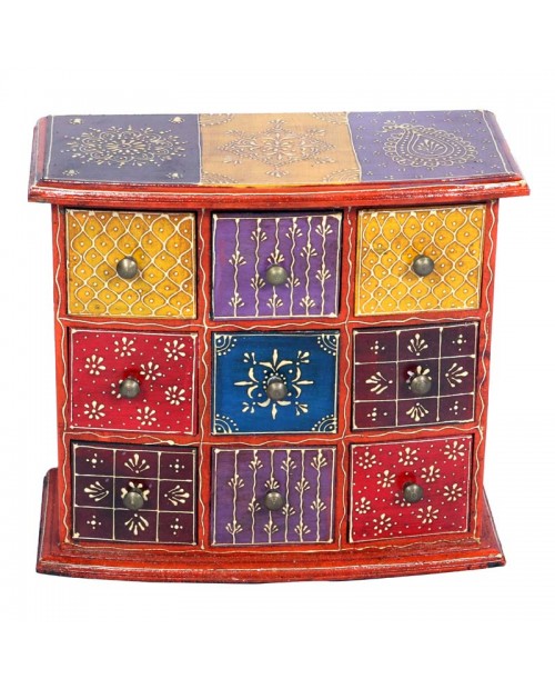 Wooden  Nine Drawer Stand With Multicolour  Hand Embossed Painted 