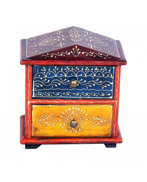 Wooden Hut Shape Two Drawer Stand With Hand Embossed Painted 