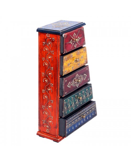 Wooden Pyramid Shape 5 Drawer With Multicolour  Embossed Hand Painted