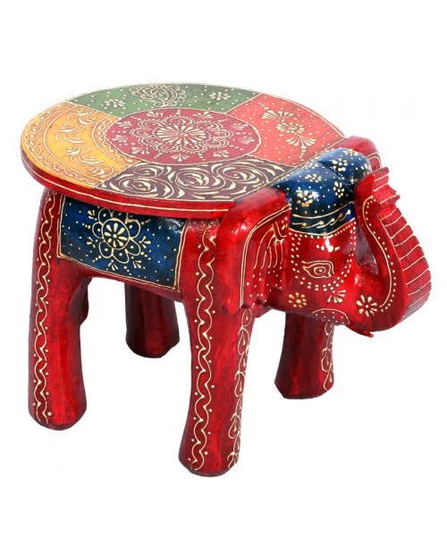 Elephant Shape Handpainted Wooden Round Stool