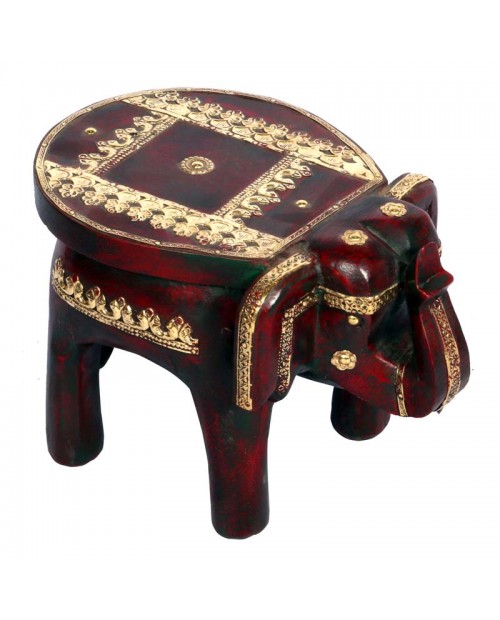 Elephant Shape Wooden Round Stool With Metal Fitting