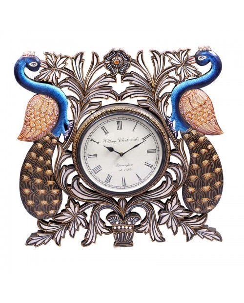 Couple of Peacock Wooden Wall Clock With Handpainted Carving Leaves and Flowers